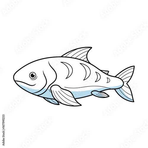 A simple line drawing of a plump grey fish with blue accents swimming to the left