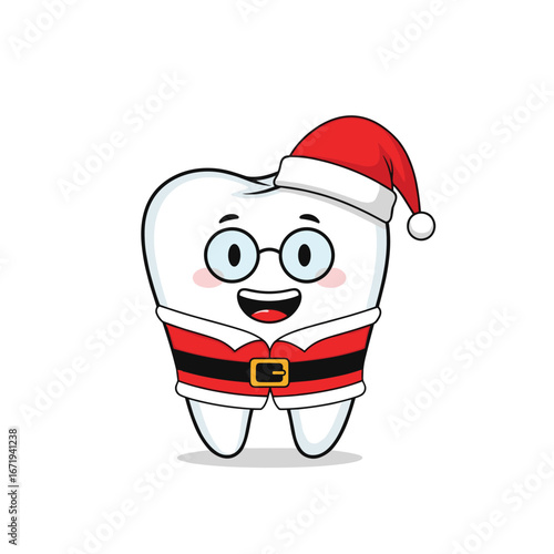 A cheerful cartoon tooth dressed as santa claus spreading holiday dental health cheer