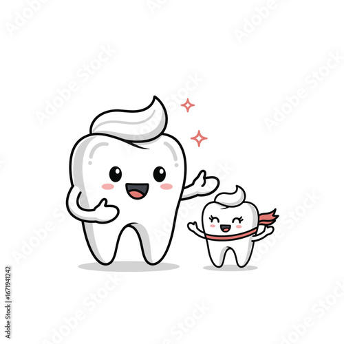 Two happy cartoon teeth with toothpaste on their heads and a smile suggest healthy and clean dental care for everyone