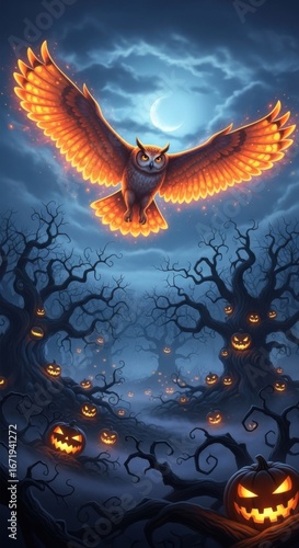 A fiery orange cartoon eagle and dragon silhouette fly at night over a scary autumn landscape with a moon