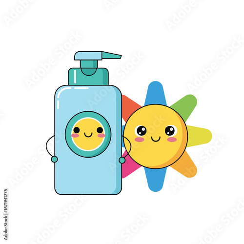 Cute sunscreen bottle and happy sun character embrace for summer protection fun