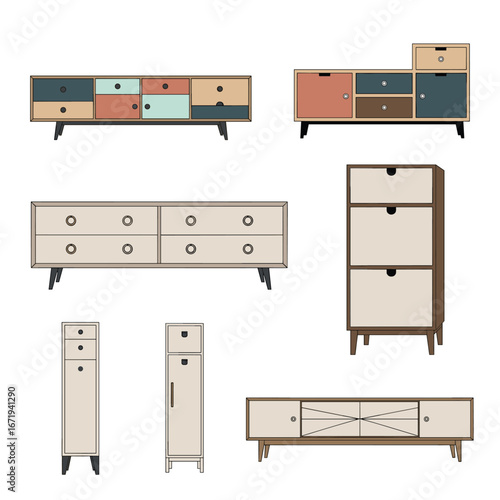 Mid century modern inspired storage cabinets and dressers collection featuring diverse designs and color palettes