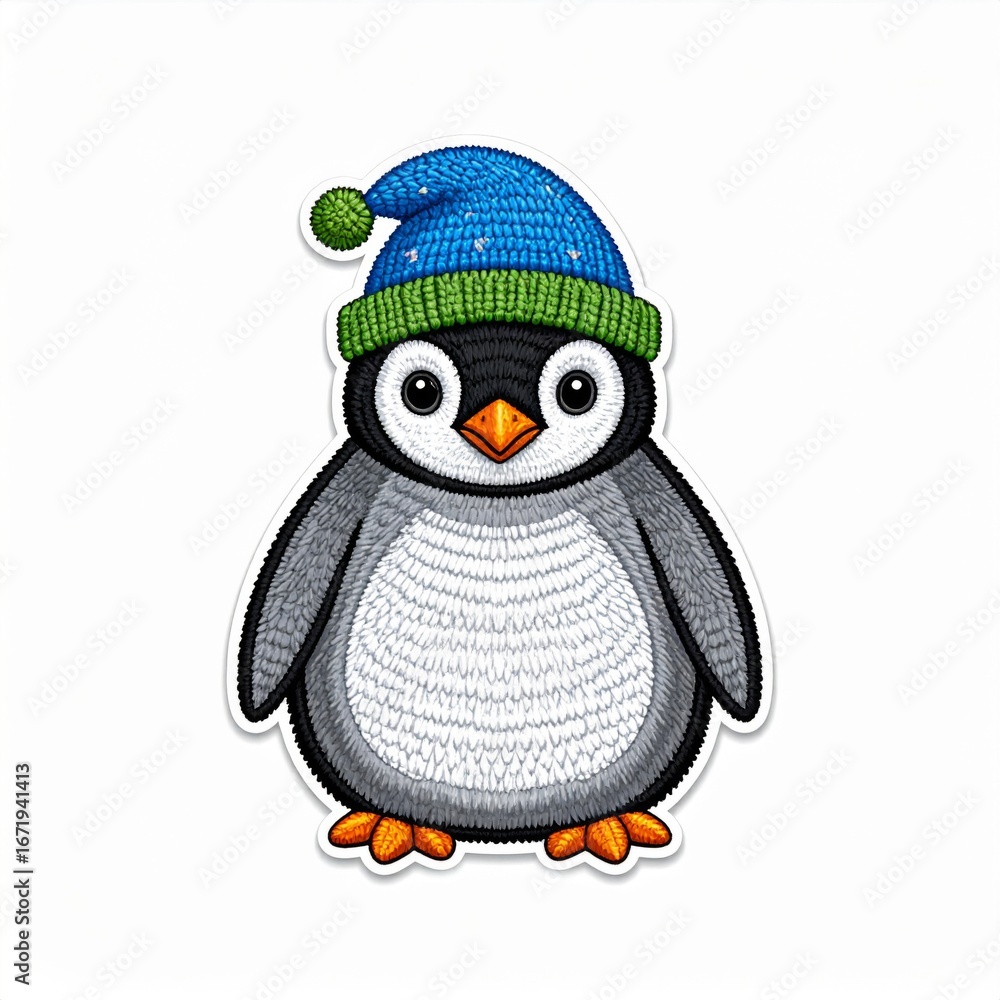 Obraz premium Cartoon Penguin with Knitted Blue Winter Hat with Pompon on a Clean White Background
