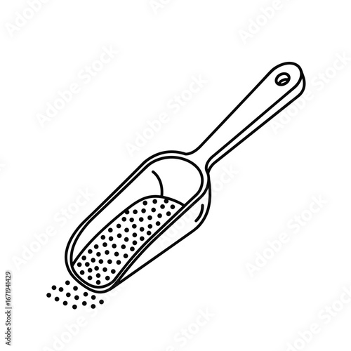A simple outline drawing of a scoop filled with granular material and some spilled on a white background