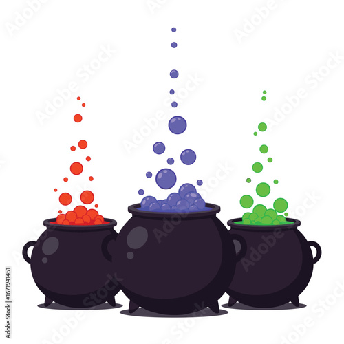 Three bubbling cauldrons with colorful potions emitting steam and magical energy perfect for halloween or fantasy themed designs