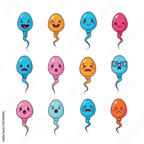 Collection of cute sperm characters expressing various emotions and feelings