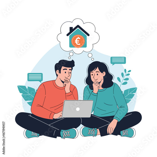 Young couple contemplating their financial future and housing dreams with a laptop and thoughtful expressions