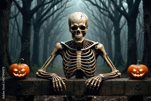 A spooky Halloween statue of a woman in a costume holding a sword and a skull, symbolizing death