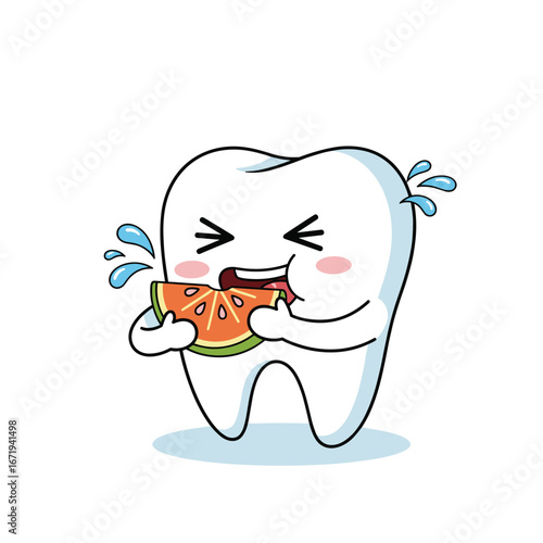 Adorable cartoon tooth happily eating a slice of watermelon with water splashes