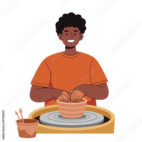 Man Shaping Clay on Pottery Wheel in Workshop