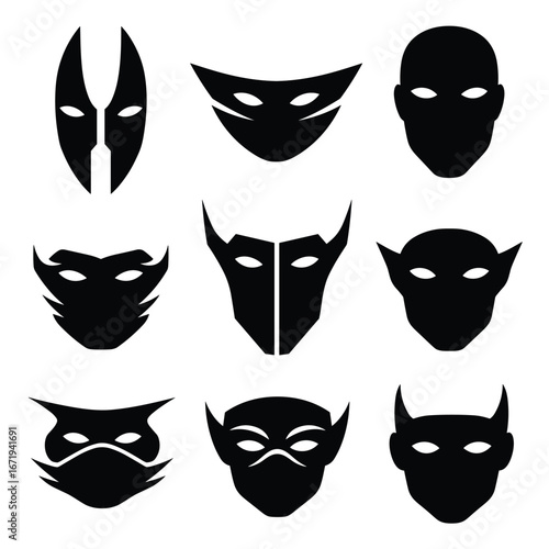 Collection of nine distinct black silhouette masks representing various characters and personas ideal for design projects
