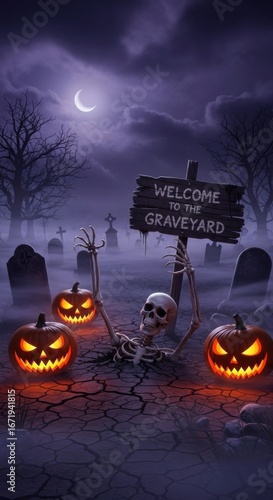 Spooky Halloween night with a dark tree silhouette, scary pumpkins, and a flying witch against an orange moon