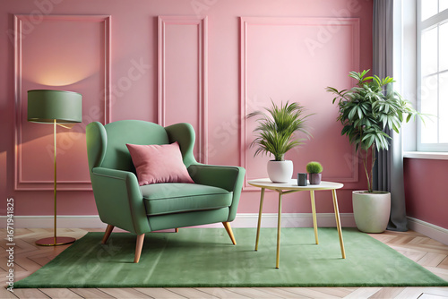 Pink room with green armchair, rug and side table