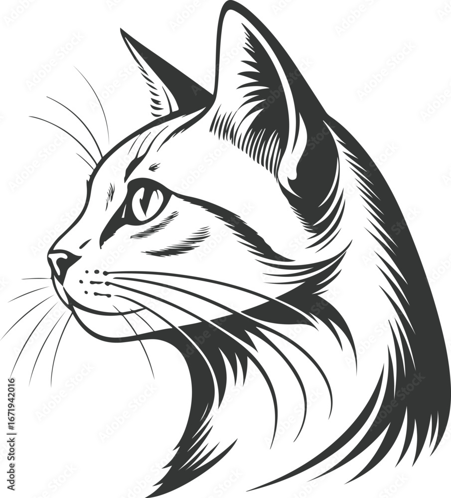 Obraz premium Stylized Cat Head PNG with Transparent Background in Profile View for Logos, Tattoos, Educational Graphics, and Minimalist Design Templates