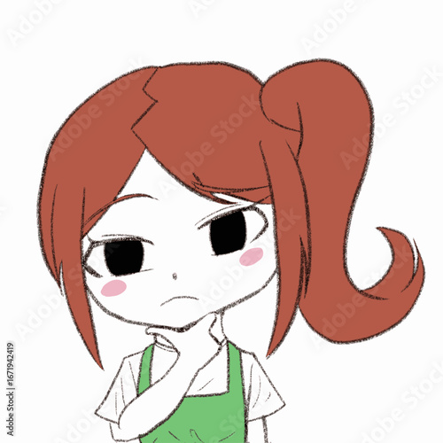 エプロンをつけた女の子が疑問に思っている