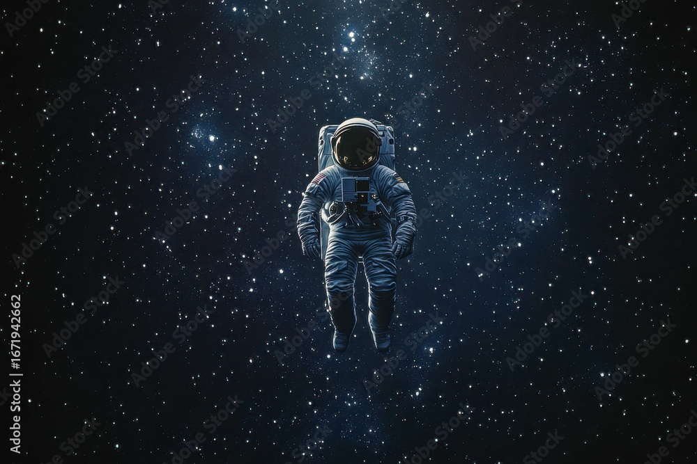 Naklejka premium An astronaut drifts alone in the dark expanse of space, surrounded by countless shining stars, showcasing the beauty of the cosmos