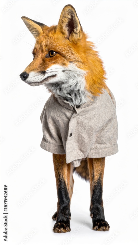 Fototapeta premium Cute Red Fox in a Grey Coat Standing on White Background in a Full Body Studio Shot