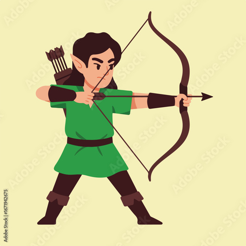 Cartoon Elf Aiming Bow Outdoors