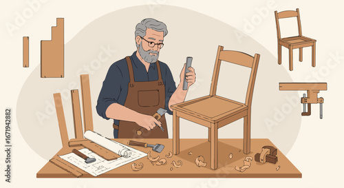 , keywords and category suggestions for the image

 Carpenter crafting a chair in his workshop (artistic illustration)