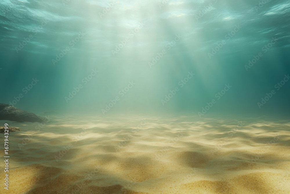 Fototapeta premium Soft rays of sunlight shine down through clear water, revealing the sandy ocean floor, creating a tranquil underwater atmosphere