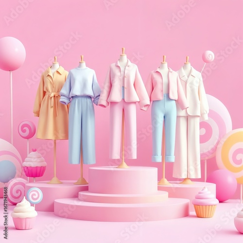Whimsical pastel fashion parade on platforms in a confectionery pink dreamscape scenario