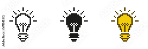Lightbulb Pixelated Icon Set. Bright Idea Symbol Of Innovation and Creativity in Pixel Art Style. Inspiration and Creative Thought. Isolated Vector Illustration