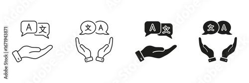 Hand Offering Language Translation Line And Solid Icon Set. Multilingual Communication And Translation Services Symbol Collection. Language Support. Isolated Vector Illustration