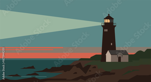 Lighthouse shines, guiding ships at coast, on a rocky island at twilight