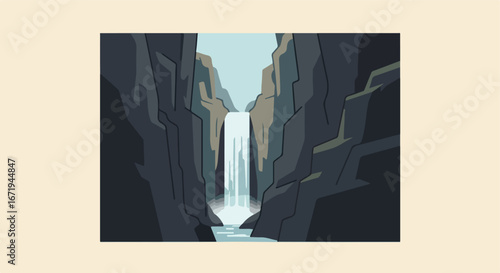 Waterfall Cascading Between Dark Cliffs, Serene Canyon Landscape