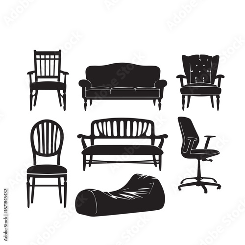 Vector art of assortment of furniture silhouettes, including chairs, sofas, and a beanbag