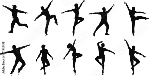 Ballet dancer silhouettes in various poses, arabesques, pirouettes, extended arms, graceful movement, elegant performance, classical dance art, choreography illustration, vector design