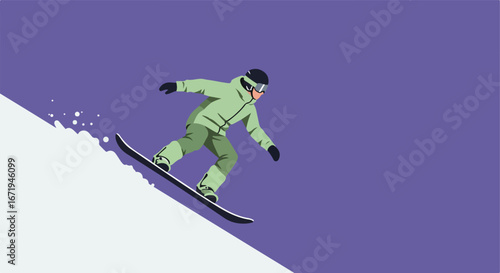 Snowboarder descends snowy hill, graphic vector image in winter