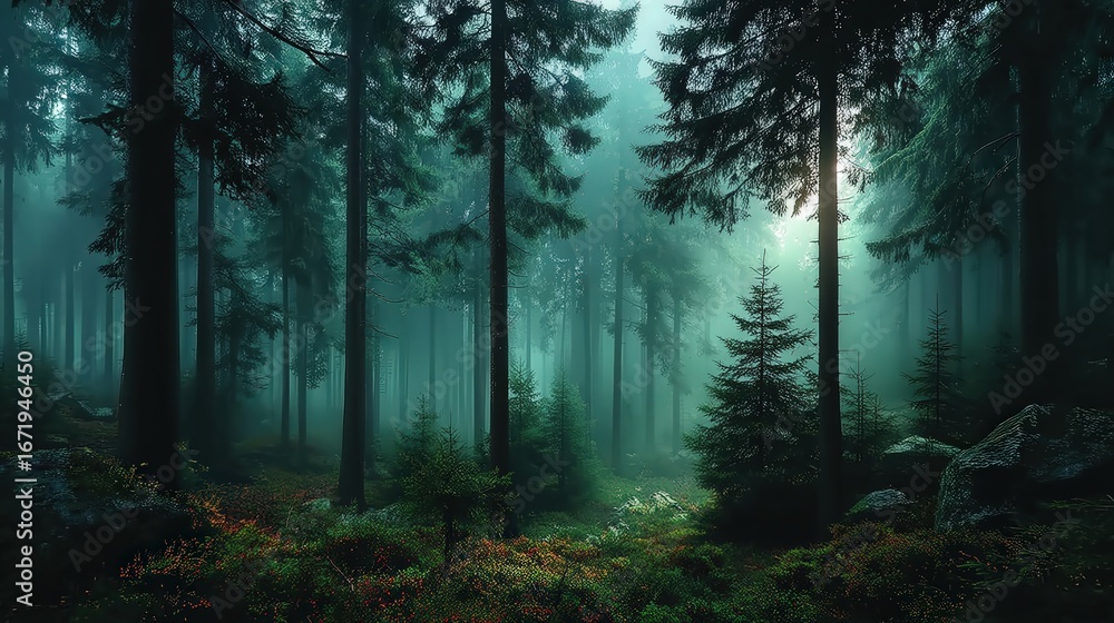 Fototapeta premium Mysterious dark forest with tall trees and sun rays breaking through the fog creating an ethereal and enchanting atmosphere