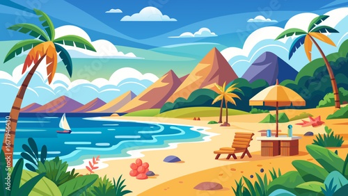 Vector art of idyllic tropical beach scene with palm trees, turquoise sea, mountains, and a relaxing lounge area, creating a perfect vacation getaway