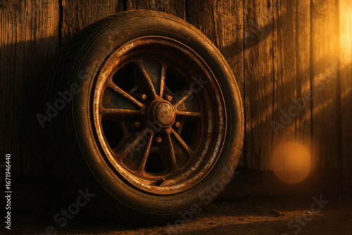 Rusty Car Wheel Leaning Against Wooden Wall