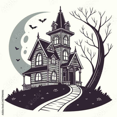 Haunted House Vector – Monochrome Halloween T-Shirt Design

