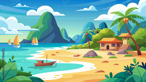 Vector art of tropical island paradise with sandy beach, turquoise sea, palm trees, and mountains under a bright sky, creating a serene vacation destination