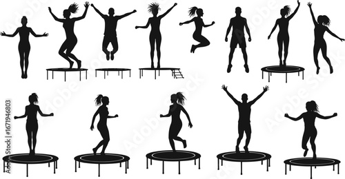 Black silhouette figures performing dynamic trampoline fitness exercises, jumping, balancing, aerobic workout, healthy lifestyle, cardio training, sport activity, recreational jumping, group exercise