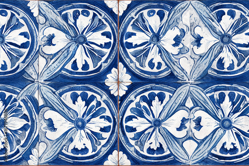 Blue and white floral tile pattern intricate design square tiles repeating motif