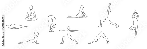 Minimalist yoga poses clipart set in outline style. 9 popular asanas drawn with clean contour lines. Perfect for yoga logos, posters, printables, wellness branding, and meditation art.