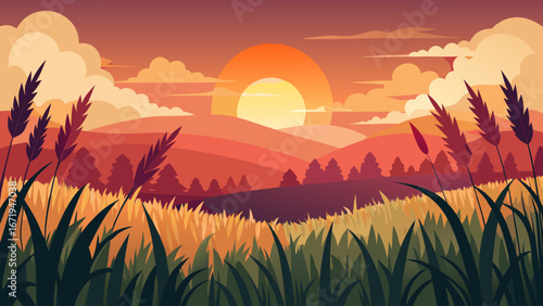 Vector art of a picturesque sunset landscape with a golden sun setting behind rolling hills and a field of grass, creating a tranquil and peaceful scene