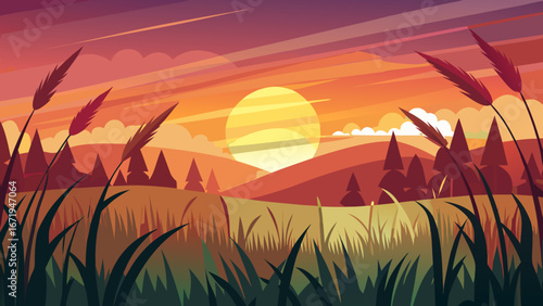 Vector art of a serene sunset landscape with a vibrant orange sky, rolling hills, and lush green grass creating a peaceful and idyllic countryside scene