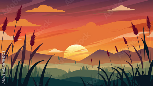 Vector art of a scenic sunset landscape featuring mountains, a vibrant orange sky, and lush green grass creating a tranquil and idyllic countryside scene