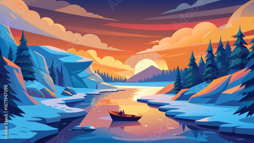 Vector art of a serene winter landscape featuring a calm river reflecting a colorful sunset sky, with snowcovered mountains and pine trees enhancing the scenic beauty