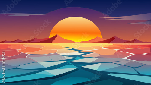 Vector art of a breathtaking sunset landscape with mountains reflecting on cracked ice, creating a serene and artistic scene with vibrant colors and a peaceful atmosphere