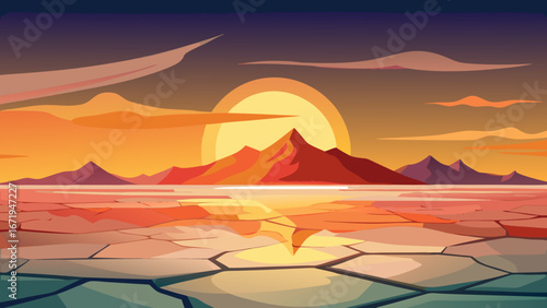 Vector art of a serene sunset landscape with mountains reflected on cracked ice, creating a peaceful and artistic scene with vibrant colors and a calming atmosphere