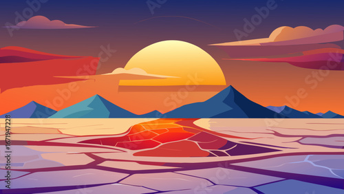 Vector art of a captivating sunset landscape featuring mountains reflected on cracked ice, creating a serene and artistic scene with vibrant colors and a peaceful atmosphere
