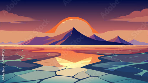 Vector art of a breathtaking sunset over a serene mountain landscape with a stunning reflection in the water, creating a peaceful and scenic vista
