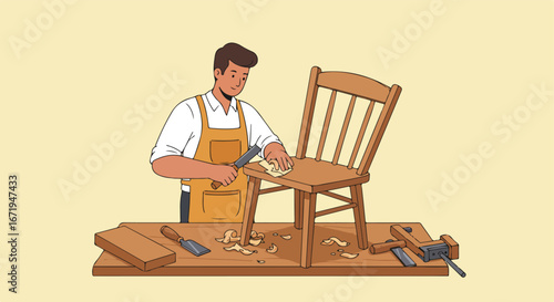 Person in apron working on wooden chair with tools on a workbench, cartoon