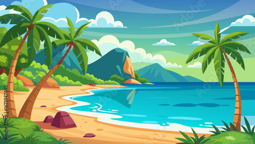 Vector art of a serene tropical beach with palm trees, turquoise water, and mountains in the background, creating a perfect vacation destination landscape